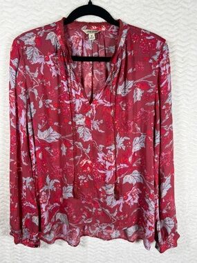 Lucky Brand Red Floral Peasant Blouse with Tie Neck